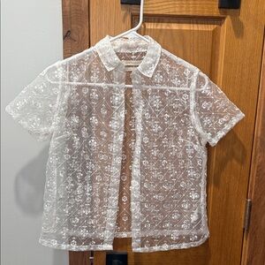 Urban Outfitters White Sheer Lace Short Sleeve Blouse